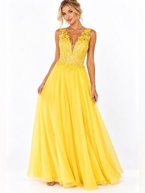 Alyce Paris Yellow Lace Rhinestone Chiffon Prom Evening Gown Size 6